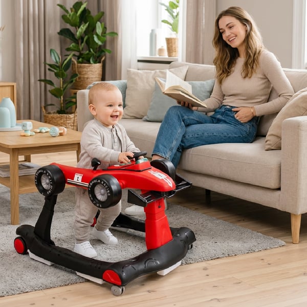 Interaktiv gåstol, åk-leksak, skjut-leksak, Formel 1 racerbilsmodell 3-i-1, röd Sun Baby