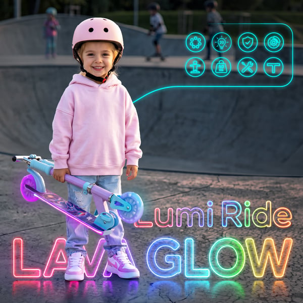 Sun Baby Lumiride LED tohjulet børnescooter 7 farver/20 programmer, sammenklappelig, justerbar 73-85 cm, Unicorn