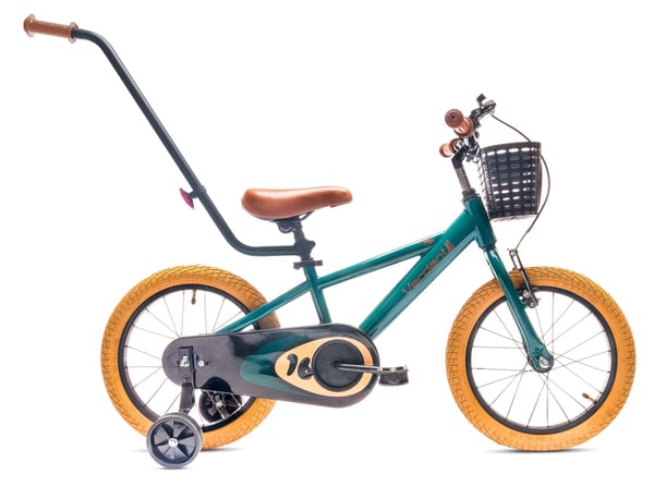 sun baby VERDANT BIKE Barncykel 16 tum - V-bromsar, stödhjul, korg, ringklocka - Grön