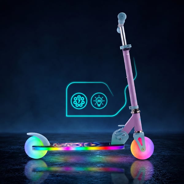 Sun Baby Lumiride LED tohjulet børnescooter 7 farver/20 programmer, sammenklappelig, justerbar 73-85 cm, Unicorn