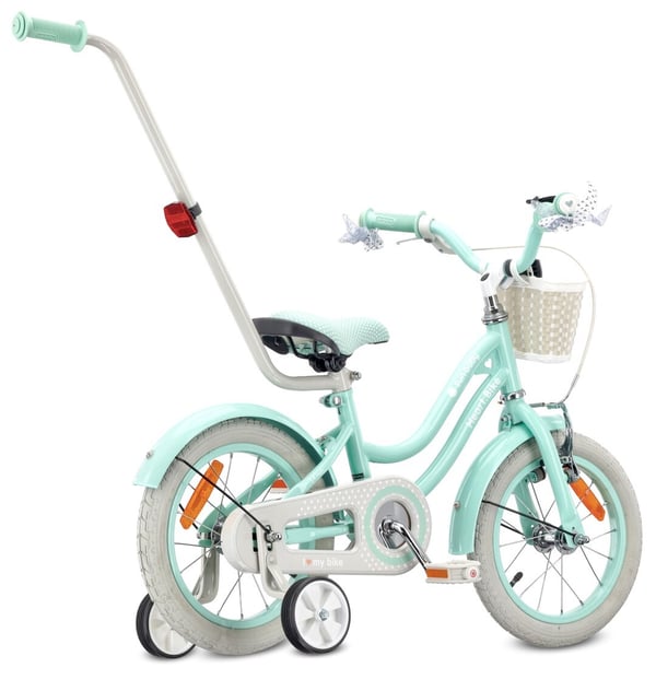 Heart Bike Flickcykel för en flicka 12 14 16 tum, Barncykel 2-6 år, Barncykel med stödhjul, pushbar, justerbar sadel och styre (Silver Moon Mint, 14 t
