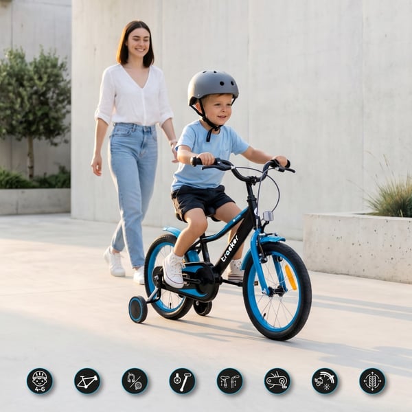 sun baby TRACKER BIKE Børnecykel 16 tommer - Justerbar sadel og styr, Klokke, Støttehjul - Blå Neon