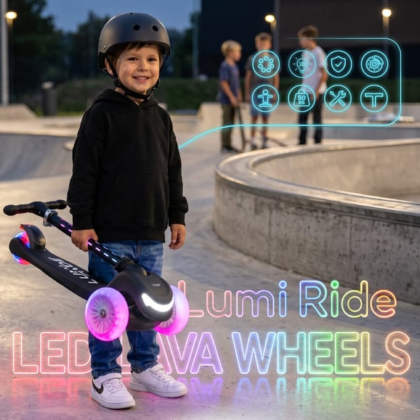 Sun Baby kolmipyöräinen tasapainoskootteri LUMI RIDE, LED 7 väriä, 20 ohjelmaa, säädettävä, taittuva, musta