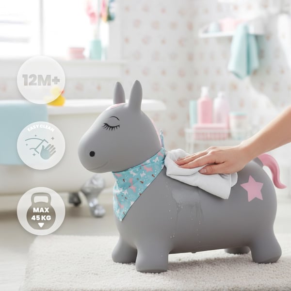 Sun Baby Hyppelelu Pony harmaa bandanalla ja pumpulla, 12kk+, kantavuus 45 kg