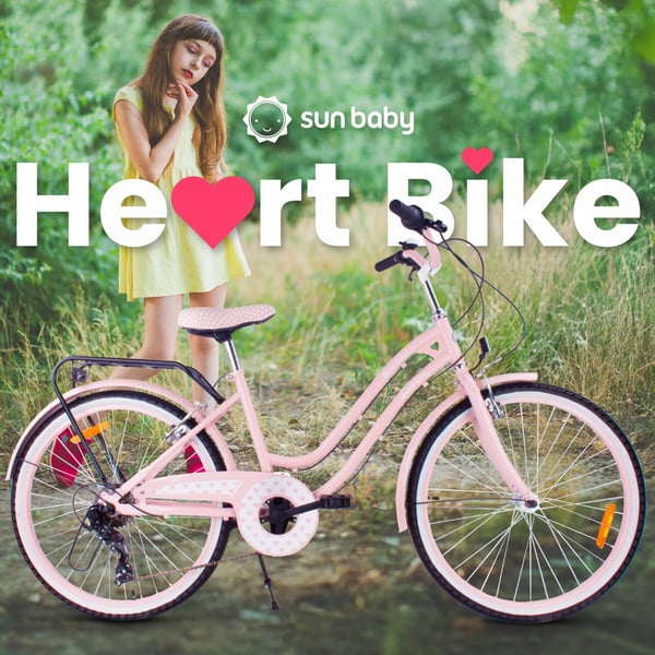 24-tuumainen kaupunkipyörä tytölle, ensikommuuniin, Shimano 7 vaihdetta, Heart Bike, vaaleanpunainen