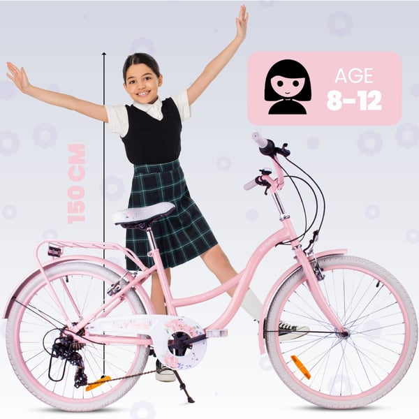 Flower Bike Tyttöpyörä yhdelle tytölle 24 tuumaa, 8-12 vuotta, Vaaleanpunainen, Lastenpyörä 7-vaihteinen, tavarateline, V-jarru, ketjusuoja.