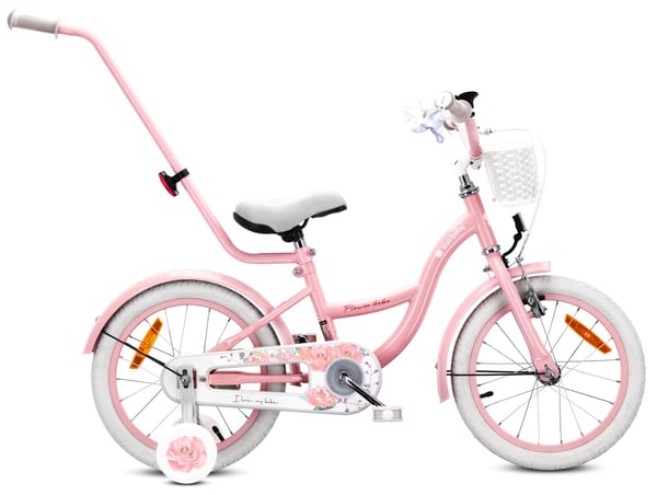 FLOWER BIKE Polkupyörä tytölle 16 tuumaa, työntötanko, sivupyörät, kori, vaaleanpunainen