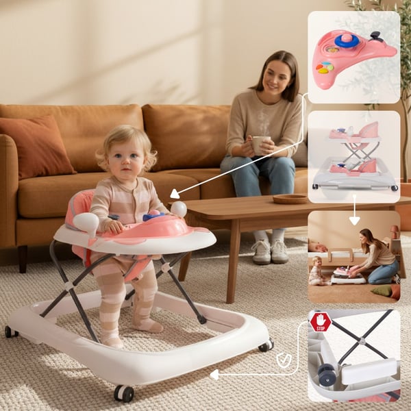 Sun Baby gåstol interaktiv 6-12 mån, 3-stegs höjdjustering, 360° hjul med gummi, stopp, enkel montering, EN 1273:2020, rosa-grå
