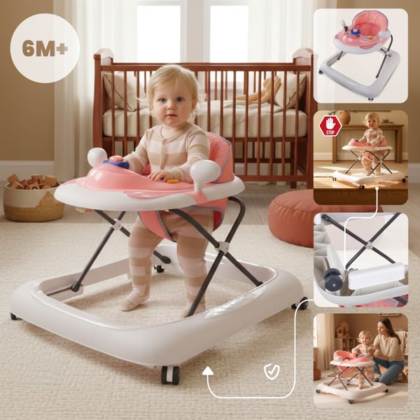 Sun Baby gåstol interaktiv 6-12 mån, 3-stegs höjdjustering, 360° hjul med gummi, stopp, enkel montering, EN 1273:2020, rosa-grå
