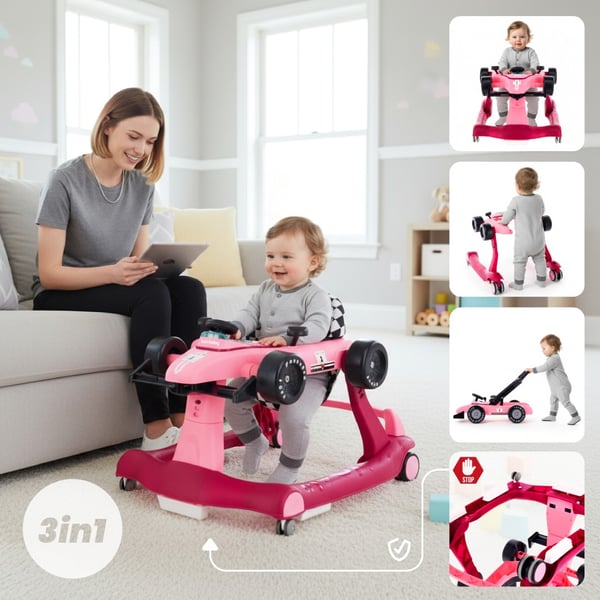 Sun Baby gåstol-åkbil-push 3-i-1 Formel 1, rosa, 6-12 m, upp till 12 kg