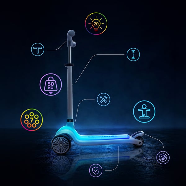 LUMI RIDE Tre-hjulet balance scooter, sammenklappelig, justerbar, LED-platform med 7 farver og 20 programmer - Grå Sun Baby