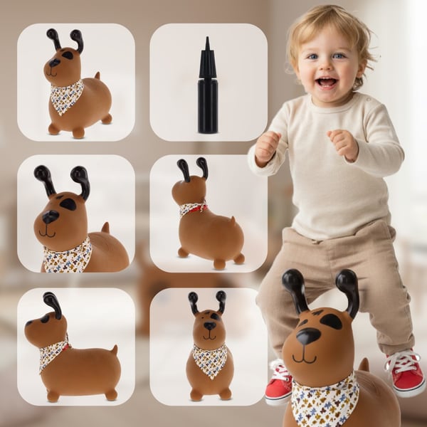 Sun Baby hoppdjur Reksio, brun med bandana + pump, 12m+, max belastning 45 kg