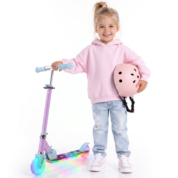 Sun Baby Lumiride LED tohjulet børnescooter 7 farver/20 programmer, sammenklappelig, justerbar 73-85 cm, Unicorn