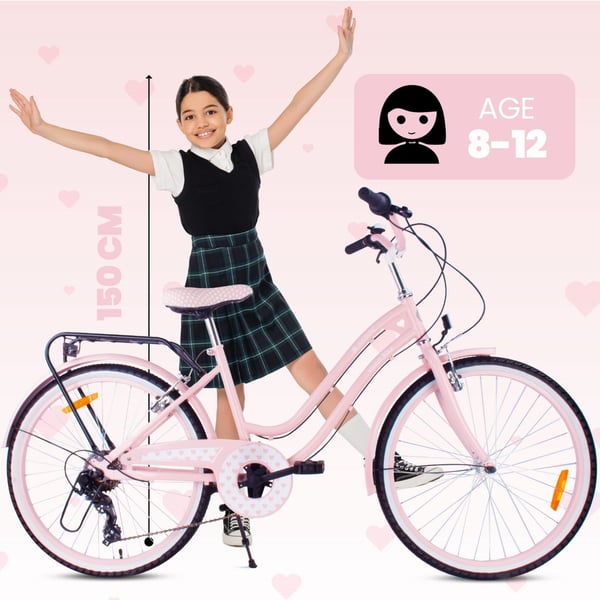 24-tuumainen kaupunkipyörä tytölle, ensikommuuniin, Shimano 7 vaihdetta, Heart Bike, vaaleanpunainen
