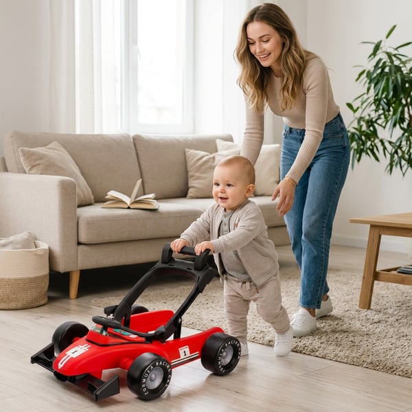 Interaktiv gåstol, åk-leksak, skjut-leksak, Formel 1 racerbilsmodell 3-i-1, röd Sun Baby