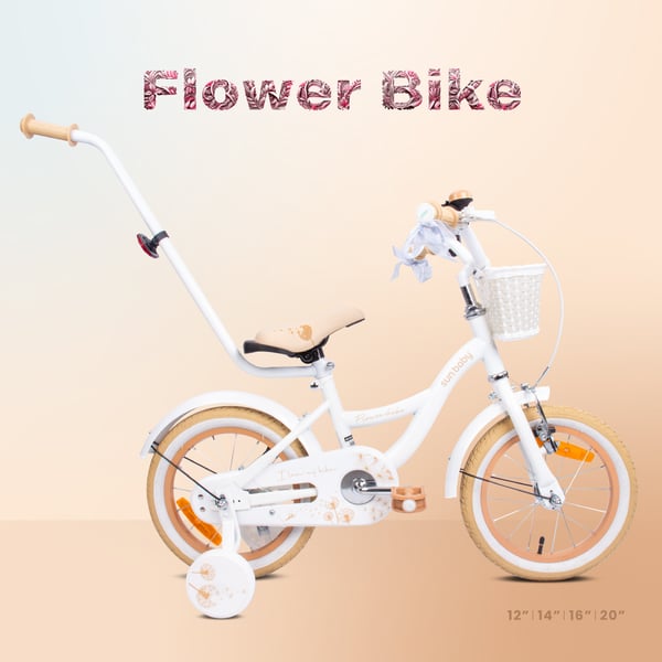 FLOWER BIKE Polkupyörä tytölle 14 tuumaa, työntötanko, sivupyörät, kori, beige