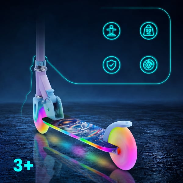 Sun Baby Lumiride LED tohjulet børnescooter 7 farver/20 programmer, sammenklappelig, justerbar 73-85 cm, Unicorn