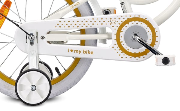 Heart Bike Pigecykel til en pige 12 14 16 tommer, Børnecykel 2-6 år, Børnecykel med støttehjul, skubbestang, justerbar sadel og styr (Hvid Guld, 16 tommer)