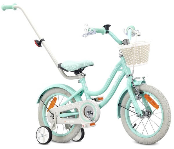 Heart Bike Flickcykel för en flicka 12 14 16 tum, Barncykel 2-6 år, Barncykel med stödhjul, pushbar, justerbar sadel och styre (Silver Moon Mint, 14 t