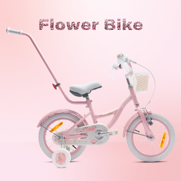FLOWER BIKE Polkupyörä tytölle 14 tuumaa, työntötanko, sivupyörät, kori, vaaleanpunainen