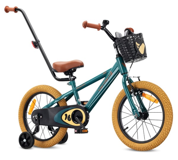 sun baby VERDANT BIKE Børnecykel 16 tommer - V-bremser, støttehjul, kurv, ringeklokke - Grøn