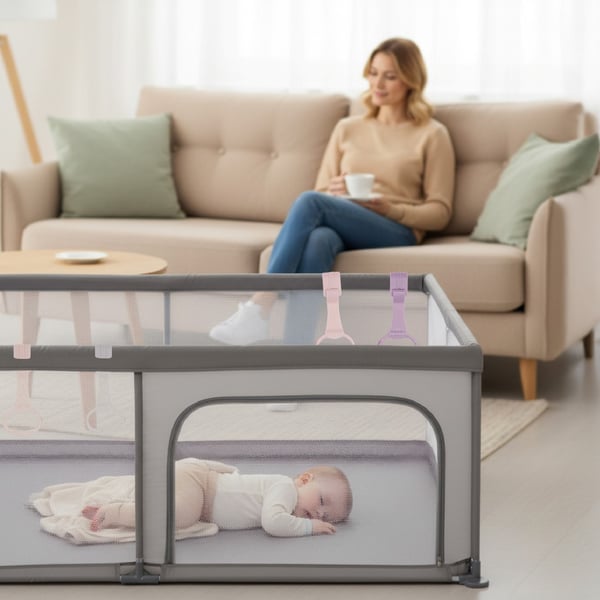 Sun Baby legehave/gåvogn stor legeplads 150x200x68 cm, metalramme, net, låsbar indgang, 4 greb, taske
