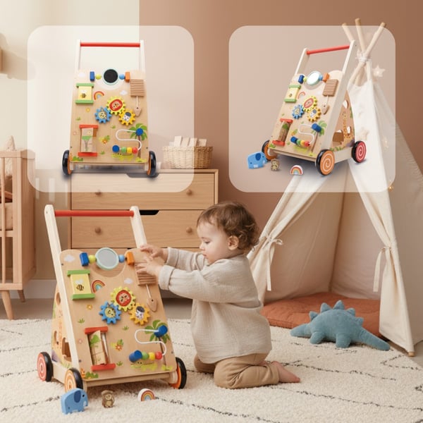 2-i-1 Skubbe-vogn til børn, interaktiv træ-gåvogn XXL, manipulationsbræt