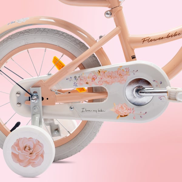 FLOWER BIKE Polkupyörä tytölle 14 tuumaa, työntötanko, sivupyörät, kori, aprikoosi