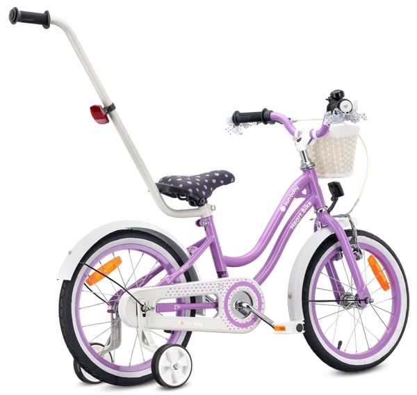Heart Bike Pigecykel 12 14 16 tommer, Børnecykel 2-6 år, Børnecykel med støttehjul, skubbestang, justerbar sadel og styr (Lilla, 16 tommer)