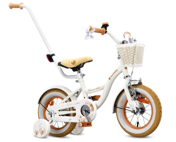 Flower Bike Flickcykel för en flicka 12 14 16 tum, Barncykel 2-6 år, Barncykel med stödhjul, pushbar, justerbar sadel och styre (Vit Beige, 12 Tum)