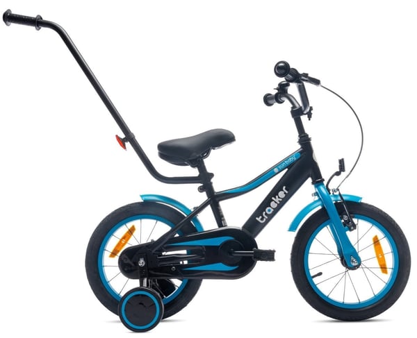 sun baby TRACKER BIKE Barncykel 14 tum - Justerbar sadel och styre, Klocka, Stödhjul - Blå Neon