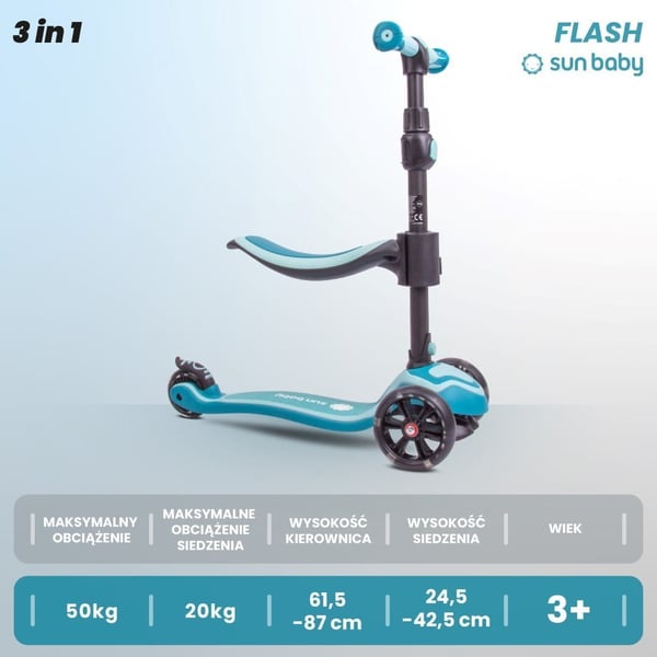 Sun Baby Flash 3in1 LED - tasapainoskootteri lapsille, pulveri vaaleanpunainen