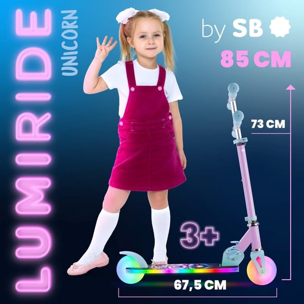 Taitettava kaksipyöräinen potkulauta lapsille, säädettävä, Lumiride LED 7 väriä/20 ohjelmaa, Unicorn, 73-85 cm, musta, Sun Baby