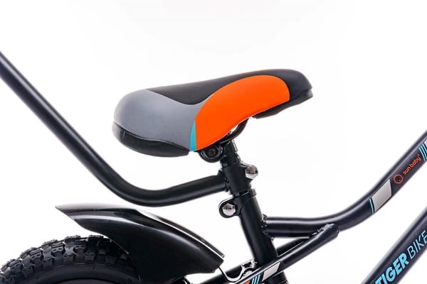 Børnecykel Tiger Bike 12" med skyvestang og støttehjul, V-bremse og fodbremse, sort-orange-turkis