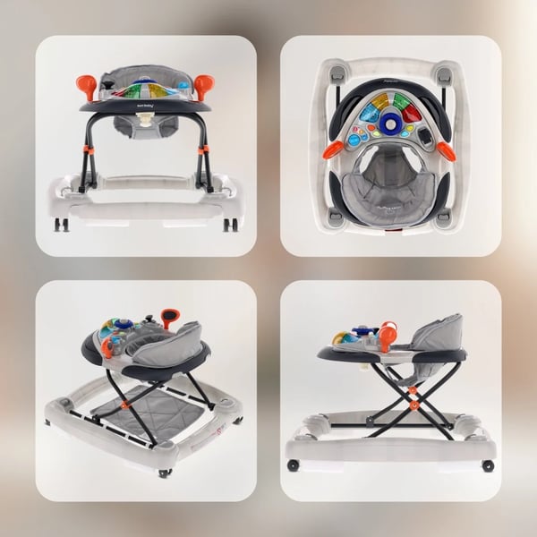 SUN BABY Gåstol för barn från 6 månader med mjuka 360° svängbara hjul och säkerhetsstopp, gungfunktion, upp till 12 kg grå