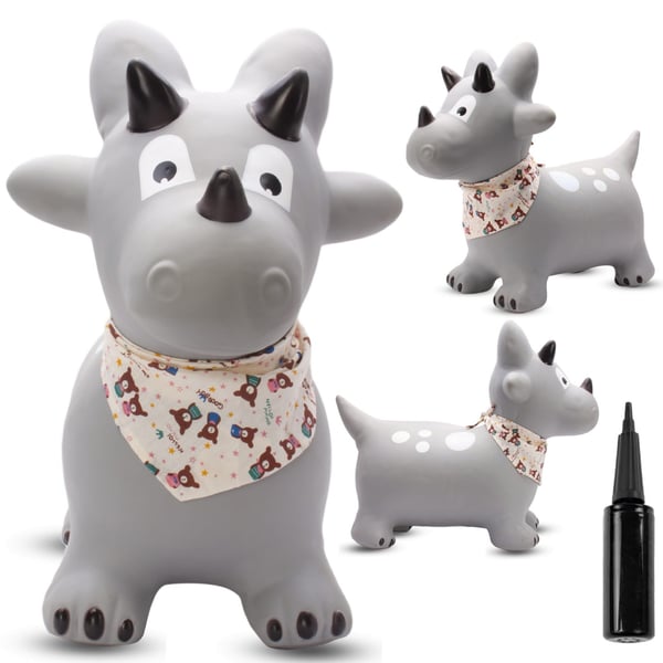 Sun Baby hoppdjur Dino för hoppning, grå + pump + bandana, 12m+, maxvikt 45 kg