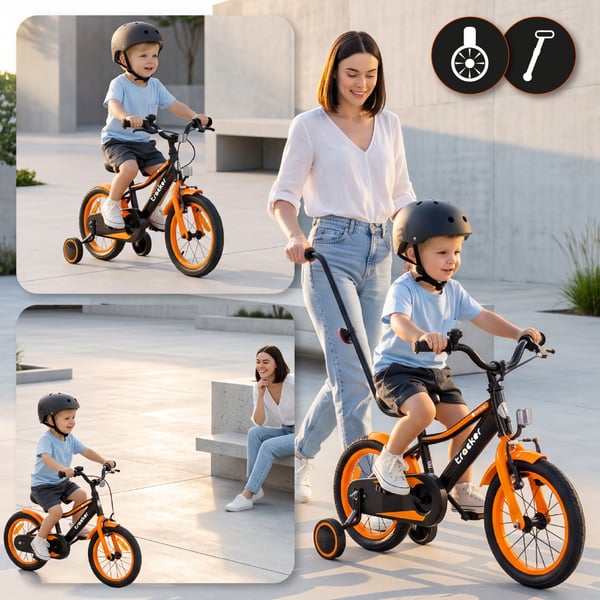 sun baby TRACKER BIKE Børnecykel 14 tommer - Justerbar sadel og styr, Klokke, Støttehjul - Orange Neon