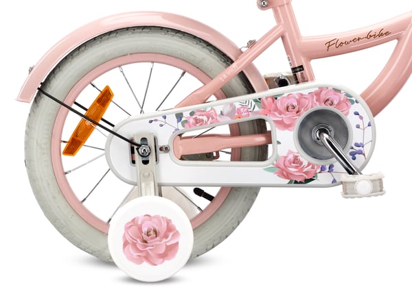 Flower Bike Pigecykel til en pige 12 14 16 tommer, Børnecykel 2-6 år, Børnecykel med støttehjul, skubbestang, justerbar sadel og styr (Pink, 14 tommer)