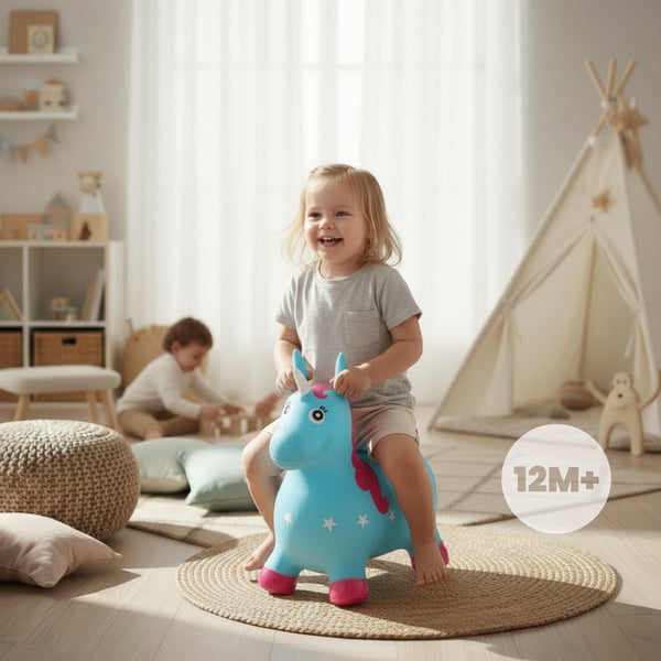 Sun Baby hoppebold til børn Enhjørning blå-lyserød + pumpe og bandana, 12m+, op til 45 kg