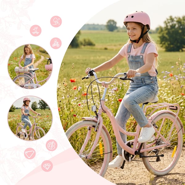 24 tuumanen tyttöjen kaupunkipyörä, Shimano 7 vaihdetta, Flower Bike, vaaleanpunainen, Sun Baby