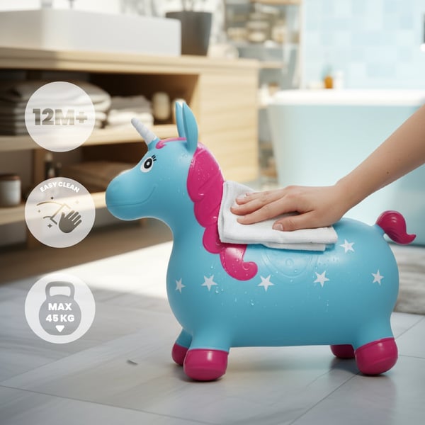Sun Baby hoppebold til børn Enhjørning blå-lyserød + pumpe og bandana, 12m+, op til 45 kg