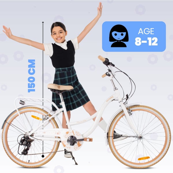 Flower Bike Tyttöjen polkupyörä yhdelle tytölle 24 tuumaa, 8-12 vuotta, Beige ja valkoinen, Lasten polkupyörä, jossa 7-vaihteinen, V-jarru