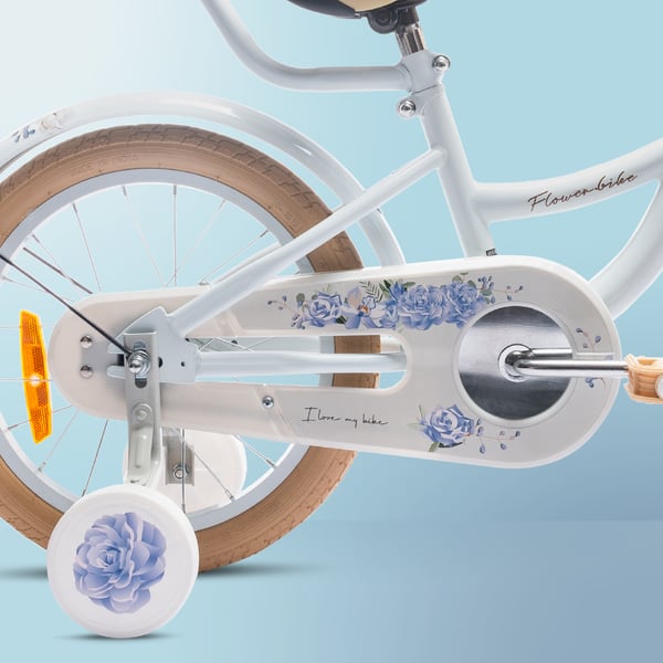 FLOWER BIKE Polkupyörä tytölle 16 tuumaa, työntötanko, sivupyörät, kori, baby blue