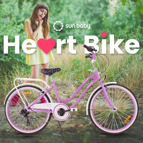 24-tuumainen kaupunkipyörä tytölle, ensikommuuniin, Shimano 7 vaihdetta, Heart Bike, Violetti