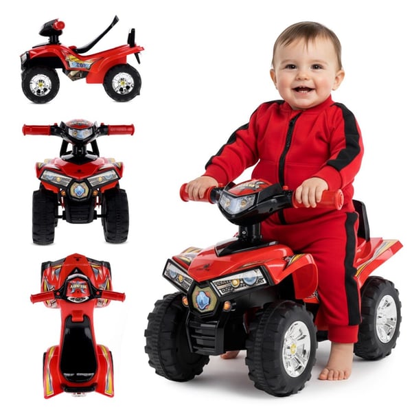 Sun Baby quadgåstol för barn, röd - ljud och ljus, 12 mån+, maxvikt 25 kg, förvaringsfack