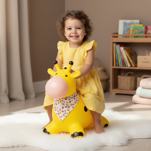 Sun Baby hoppdjur för barn Giraff, gul + pump och bandana, 12m+, maxvikt 45 kg