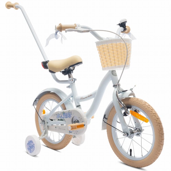 FLOWER BIKE Polkupyörä tytölle 14 tuumaa, työntötanko, sivupyörät, kori, baby blue