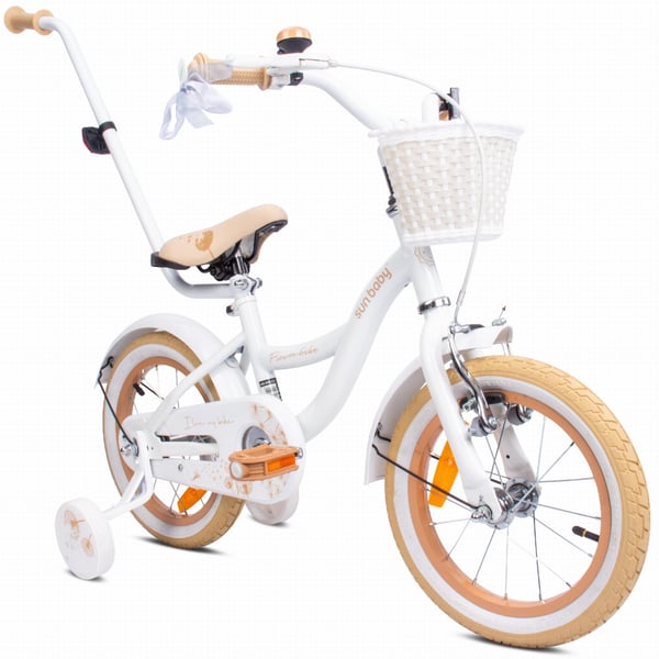 FLOWER BIKE Polkupyörä tytölle 14 tuumaa, työntötanko, sivupyörät, kori, beige