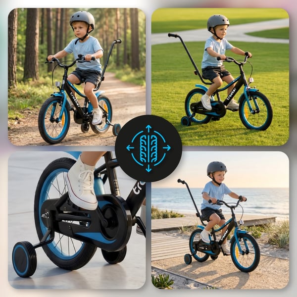 sun baby TRACKER BIKE Børnecykel 16 tommer - Justerbar sadel og styr, Klokke, Støttehjul - Blå Neon