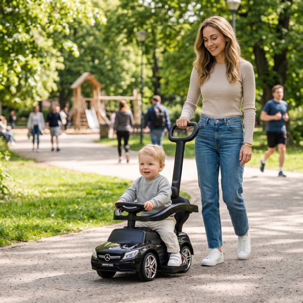 SUN BABY Gåbil för barn Mercedes C-Class från 1 år med skjutstång fotstöd ljudfunktion upp till 25 kg svart